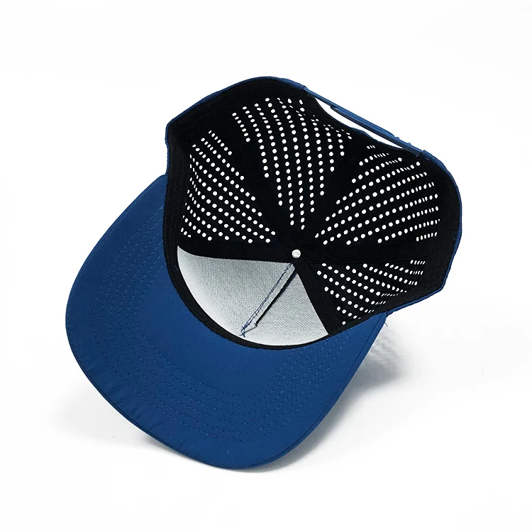 laser cut hole Perforated embroidery nylon custom 5 panel Waterproof rubber pvc logo leather patch Rope baseball cap trucker hat
