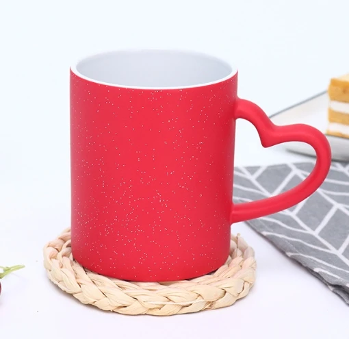 Wholesale Sublimation Ceramic Mug Heat Transfer Color changing Cup with Heart Handle 11oz Magic Mug
