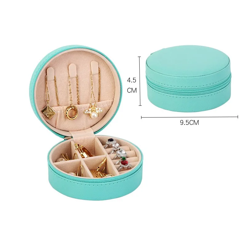 Macaron color round zipper pu leather jewelry organizer necklace earring small pu leather box pocket case custom jewelry box