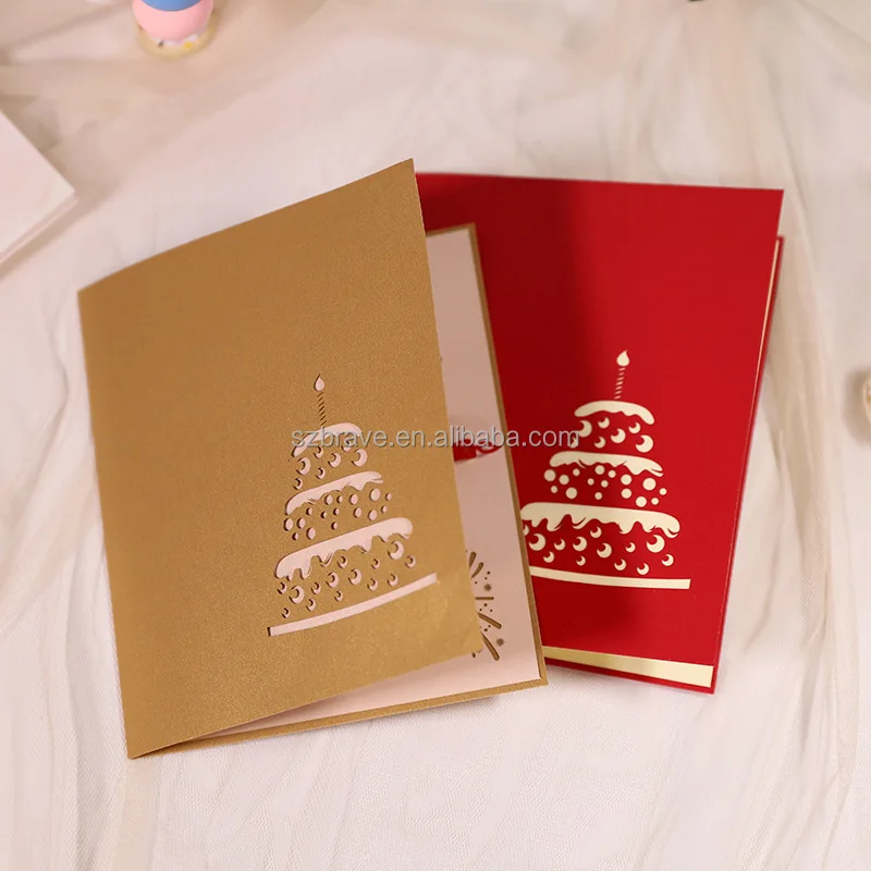Wholesale LED Light Birthday Cake Musical Happy Birthday Card Postcards Laser cutting 3D Pop Up Greeting Cards for Mom, kids