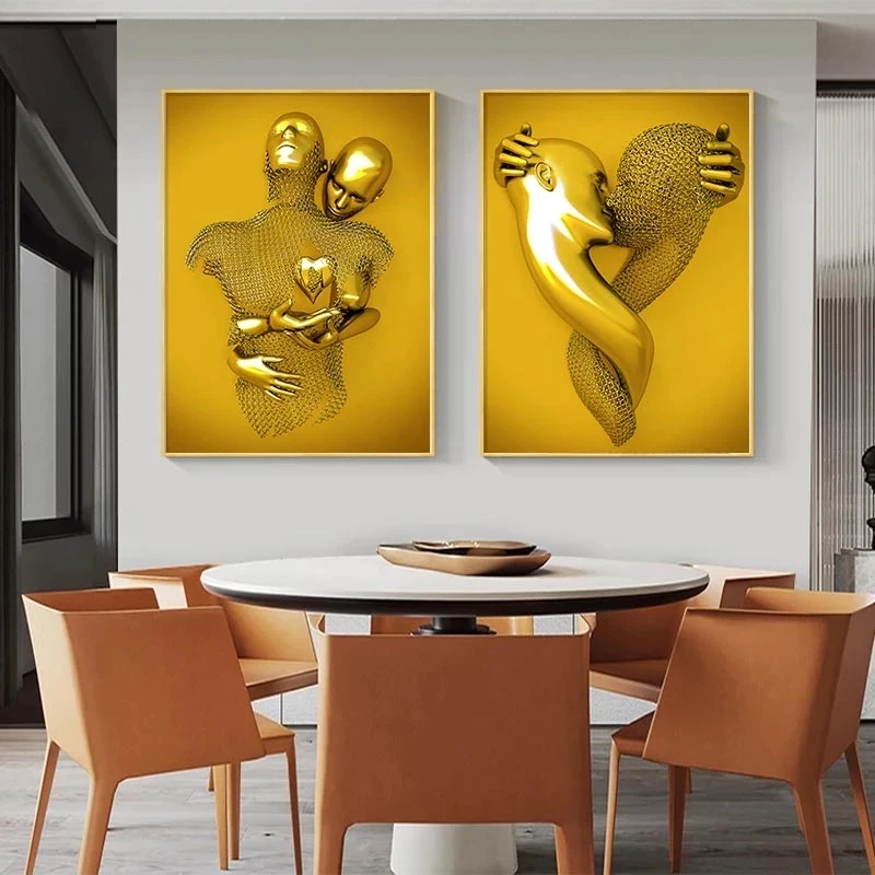 Modern Living Room Decor Golden Couple Lovers Metal Figure Statue Paintings Posters  Prints Pictures modern art statue