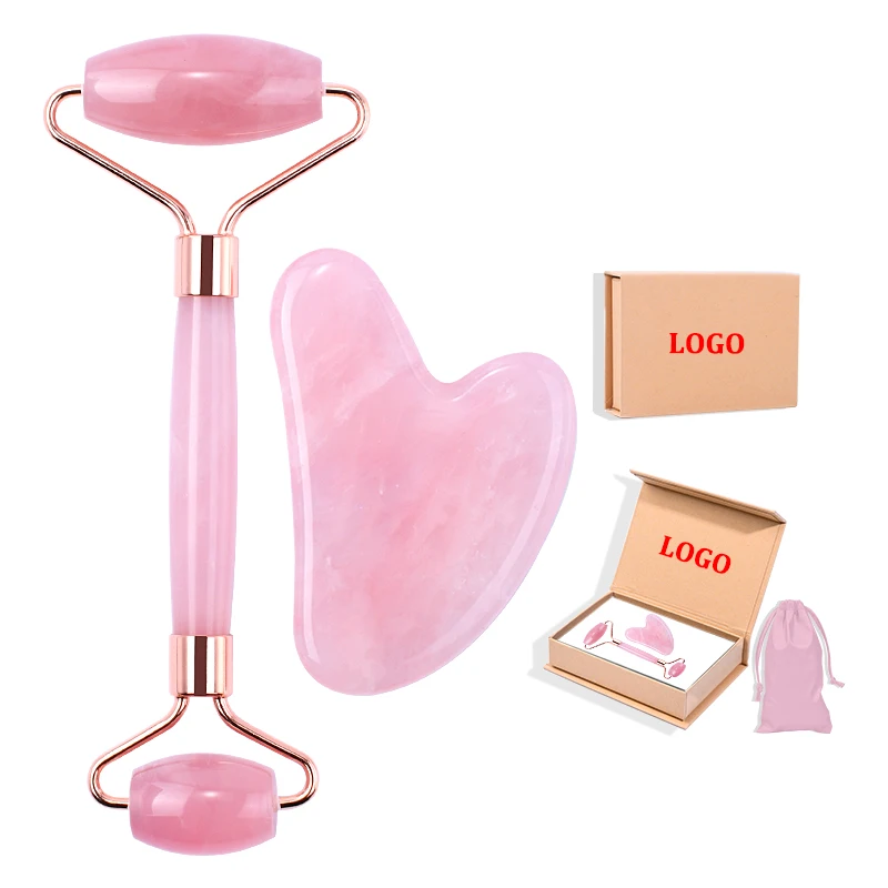 Custom Logo Pink Crystal Facial Massage Tool Jade Gua Sha Set Rose Quartz Face Roller Guasha Stone Skin Care Beauty Products