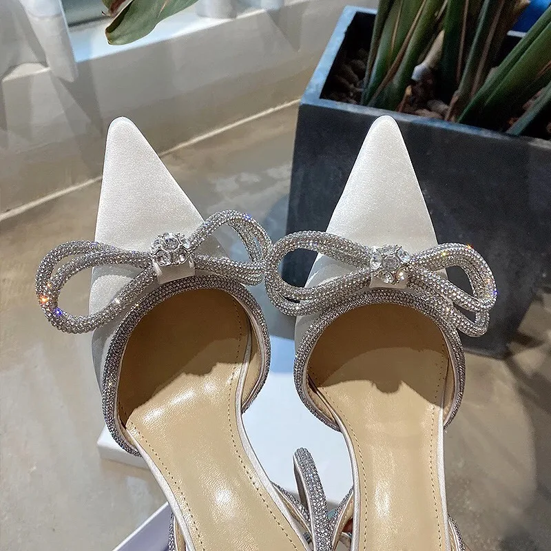 Silk Dress ShoesTalons Haut Sexy Escarpins High Quality Trendy Toe Crystal Diamond Bow High Heels Shoes For Women
