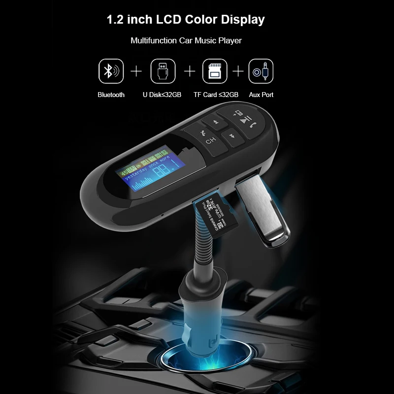 Оптовая продажа, 1,2 дюймовый экран дисплея, автомобильный стерео адаптер для воспроизведения аудио, беспроводной автомобильный комплект громкой связи, автомобильный FM-передатчик