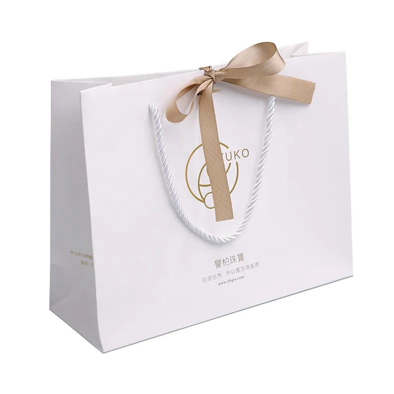 Luxury Texture White Cardboard Bag Logo Printed Shopping Paper Bag with Ribbon