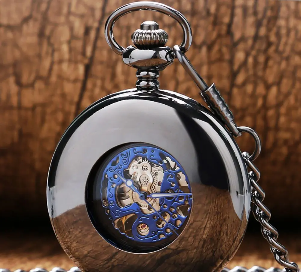 Black Hand Wind Fashion Men Women Retro Cool Smooth Face Mechanical Pocket Watches