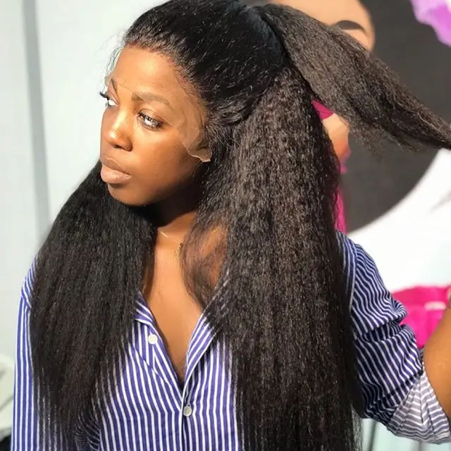 Customized kinky straight virgin human hair lace wig vendor, natural Brazilian human HD lace frontal wigs for black women