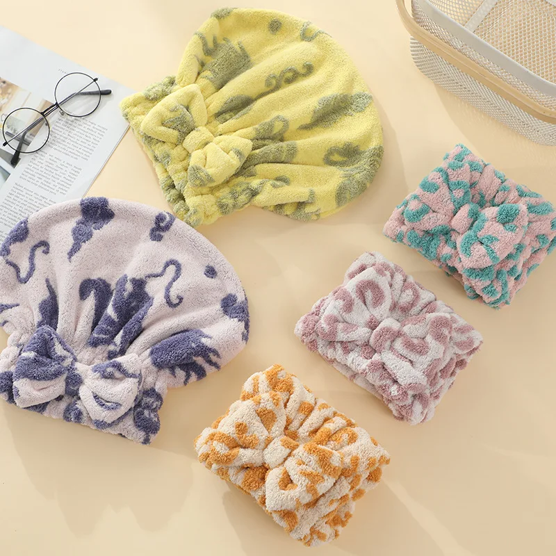 Cheap fast delivery Super absorbent coral velvet Leopard print Bow Hair Towel Cap Rapid Drying Towel For Hair Hair Drying Towel