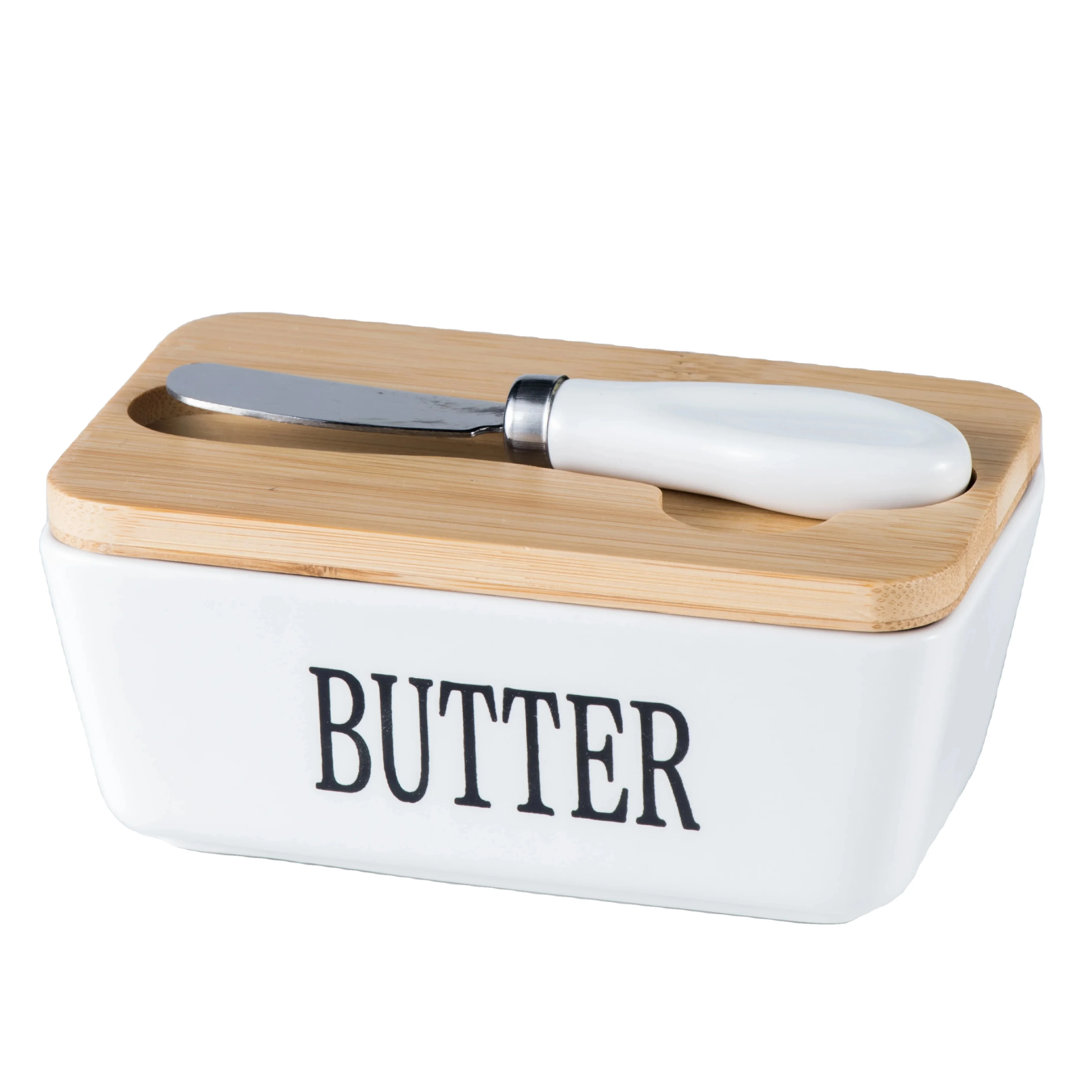Hot Sale 350ML Kitchen Butter Container Rectangle White Ceramic Butter Dish Container With Bamboo Lid