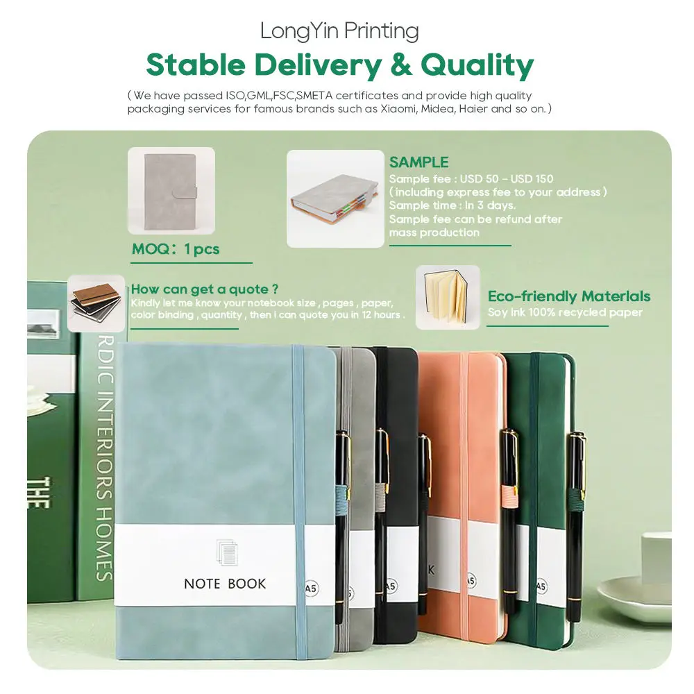 High Quality Good Sale Customizable Logo Business School 200 Page A5 A6 Custom Leather Notebook Journal