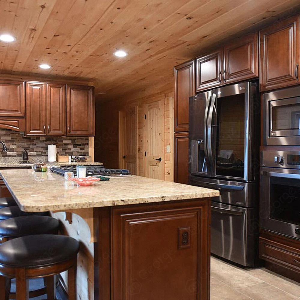 American Classic Style Wooden Furniture  Soild Wood kitchen Cabinet With Marble Countertop Island