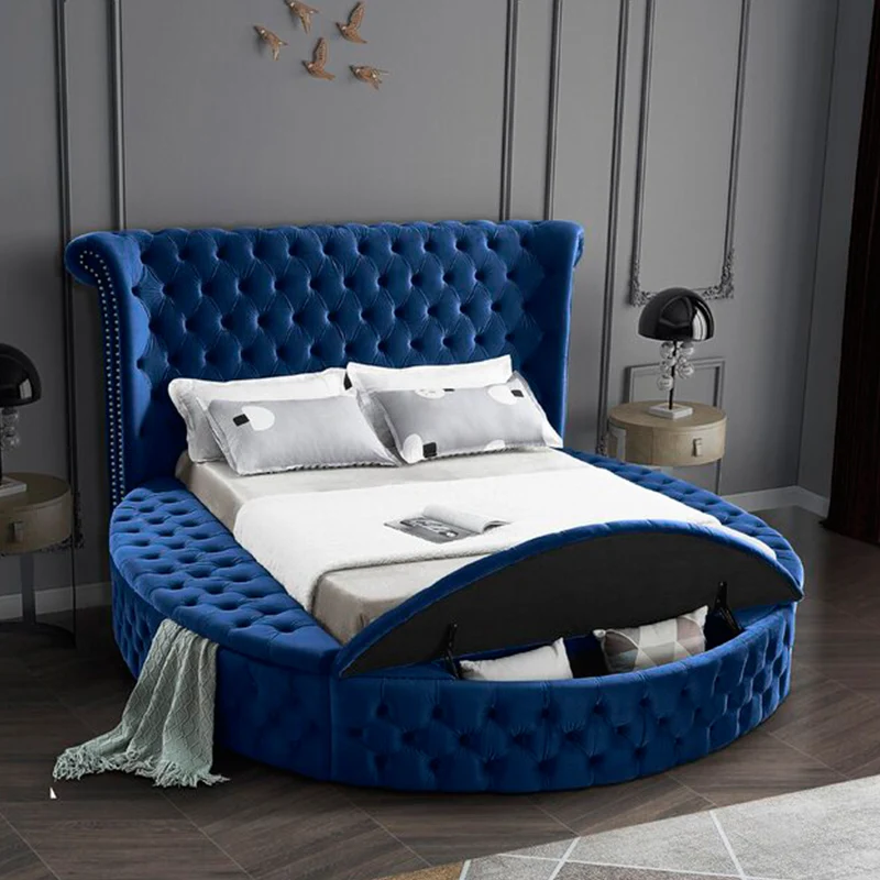 Luxury Bedroom Furniture Fabric King Size Chesterfield Velvet Cama Round Storage Wood Beds Frame