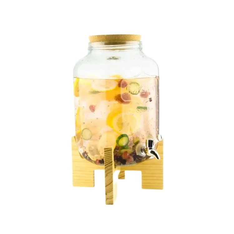 4L Glass Beverage Water Drink House Bar Cold Coffee Dispensers Jar with Tap Cork Lid and Bamboo Wood Stand