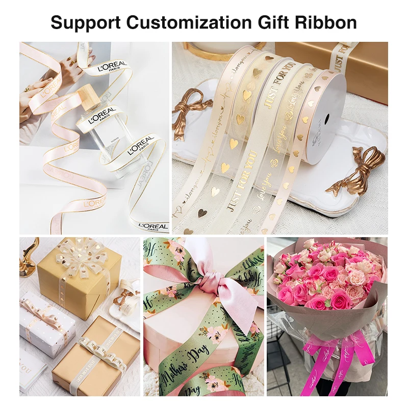 Customised Gold Foil Printing Gift Ribbon Printed Logo Organza Gift Ribbon 6mm 10mm 15mm 20mm 25mm 40mm 50mm Silk Satin Ribbons