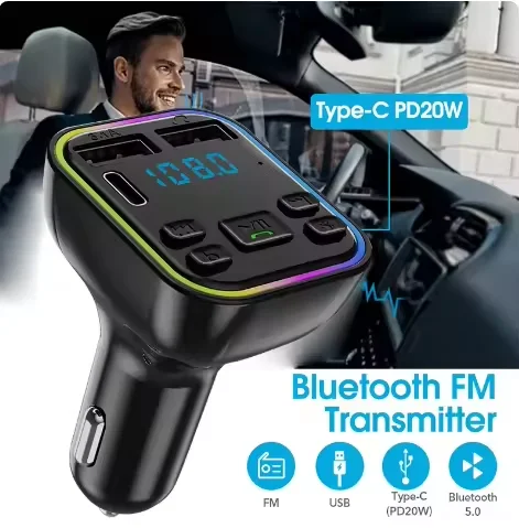 Многофункциональное автомобильное зарядное устройство FM-передатчик BT 5 0 PD Type-C Dual USB Автомобильный MP3-плеер громкой связи зарядные устройства
