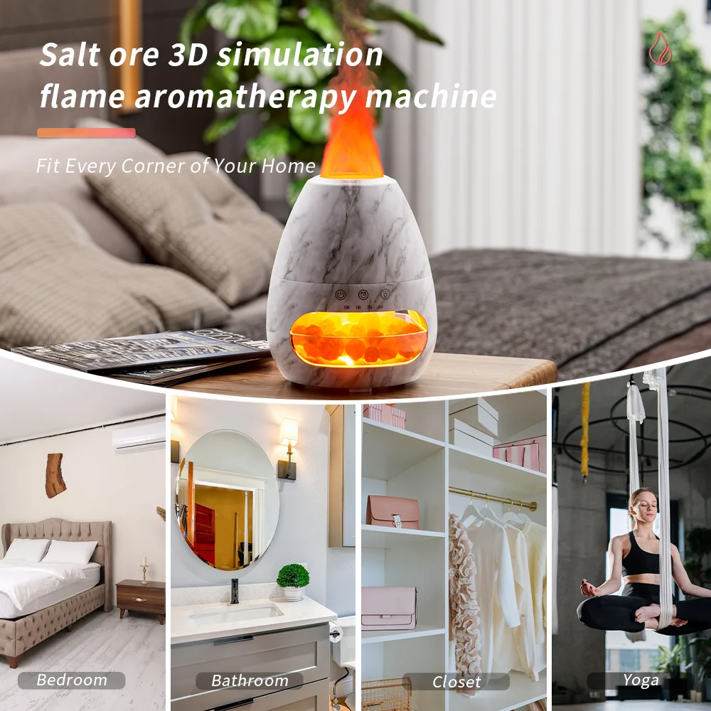 2023 New with LED Night Light Product Salt Stone diffuser 3D Flame Humidifier Marble Design Essential Oil Aroma Diffuser