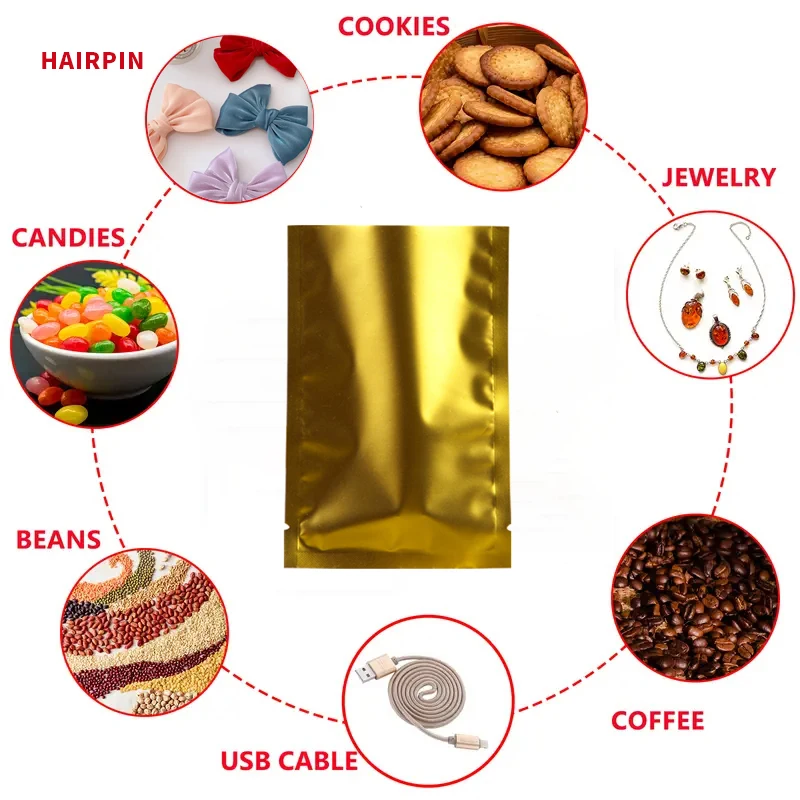 Food grade accept customized design printed three side heat seal aluminum foil golden foil packaging bag