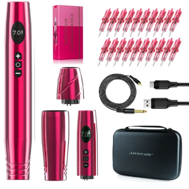Ambition Lip Eyebrow Scalp Small Wireless Tattoo Permanent Makeup Pen Machine Full Complete Kit Set with Cartridge Dual Battery