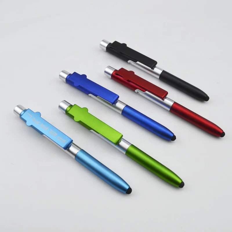 4 in 1 promotional gift multifunctional stylus phone holder LED light plastic pen with stand