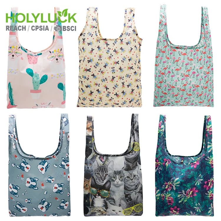 Laminated printed private label reusable animal print foldable roll shipping shopping bags