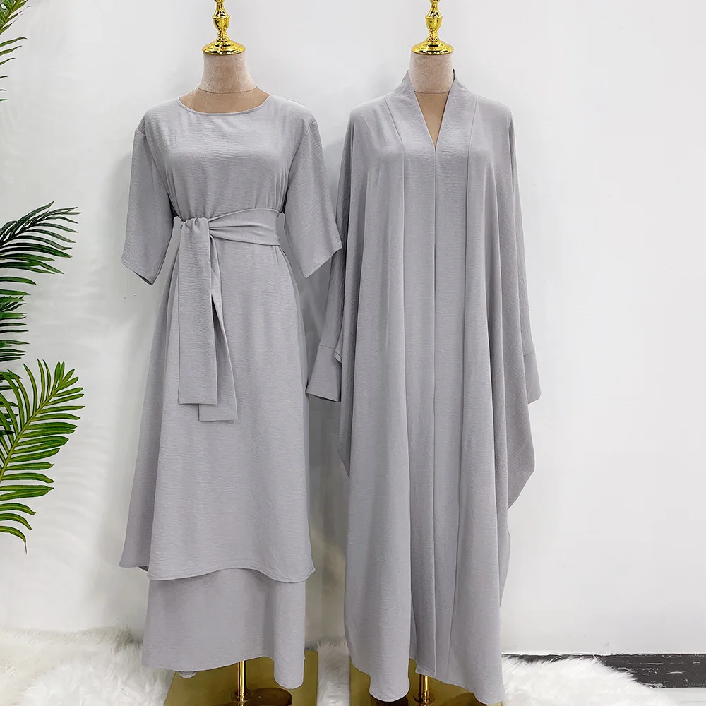 2 piece Muslim Islamic Clothing Suite Ramadan Modest Wear 2 layers Slips Match Open Abaya Crepe Jazz Abaya Set