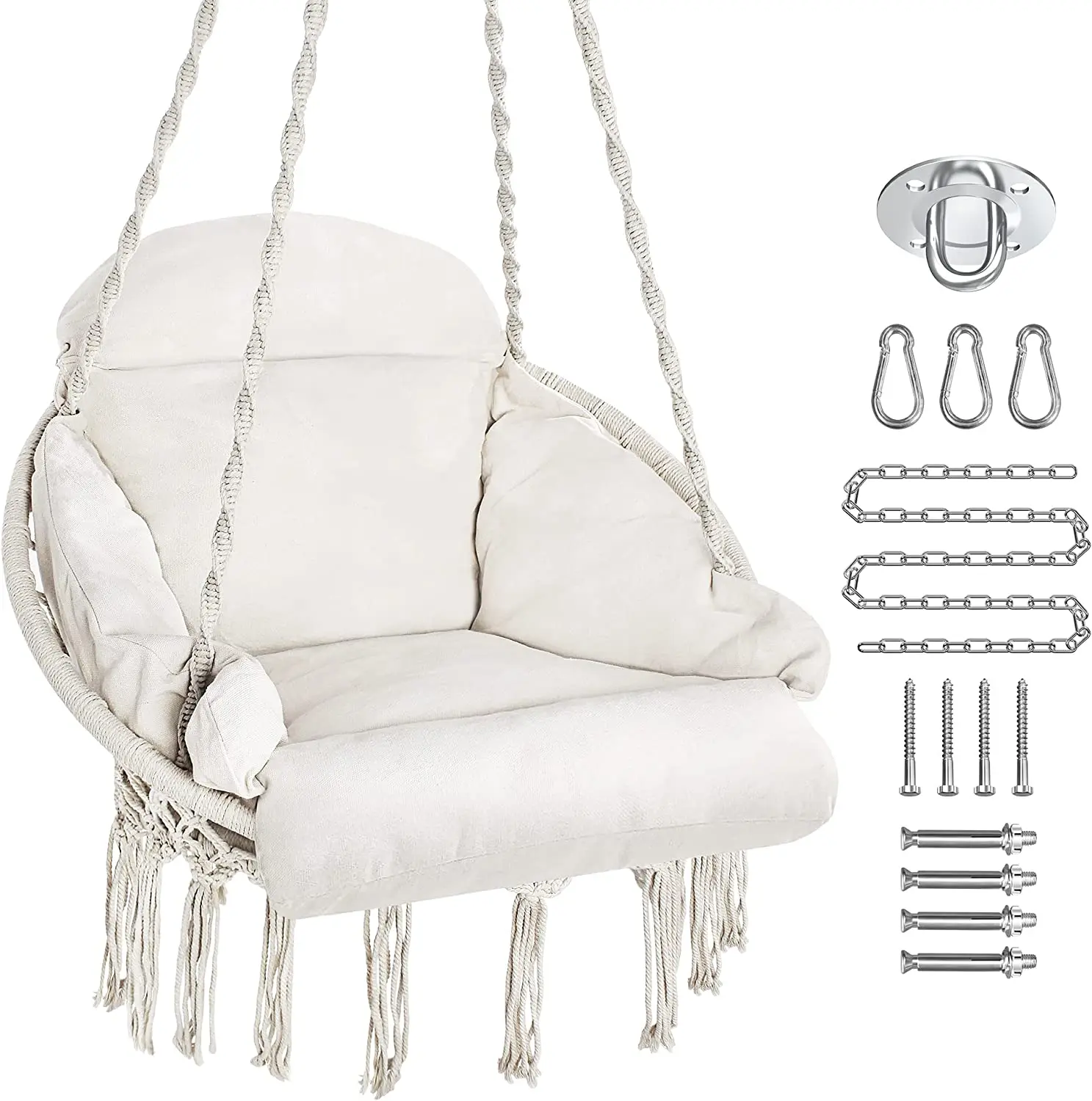 Hammock Chair with Cushion, Handmade Macrame Swing Chair with Hanging Hardware Kits, Bohemian Style Cotton Rope,