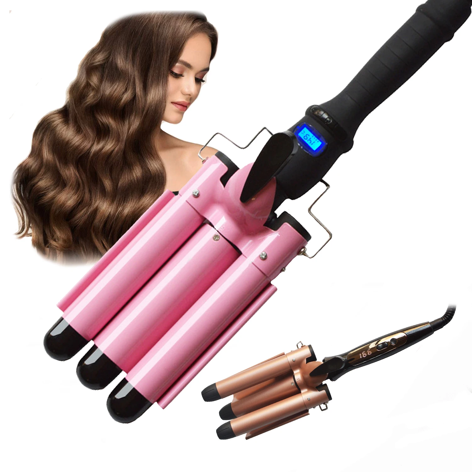 
Home use new three barrel ceramic Ionic big wave curler automatic LCD curling iron hair waver hair curler 