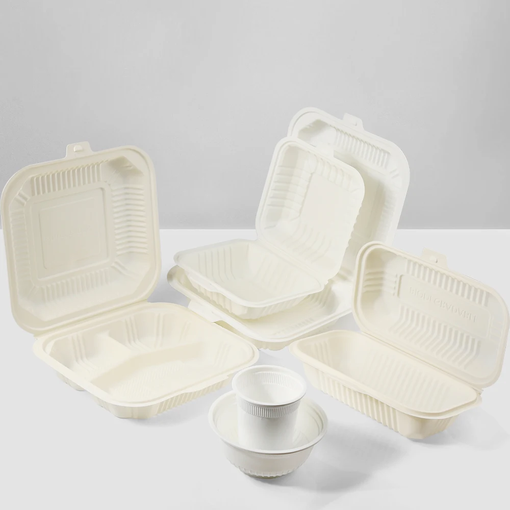 500ML Three Part Lunch Box Corn Starch For Food Container Degradable Tableware Square Shape
