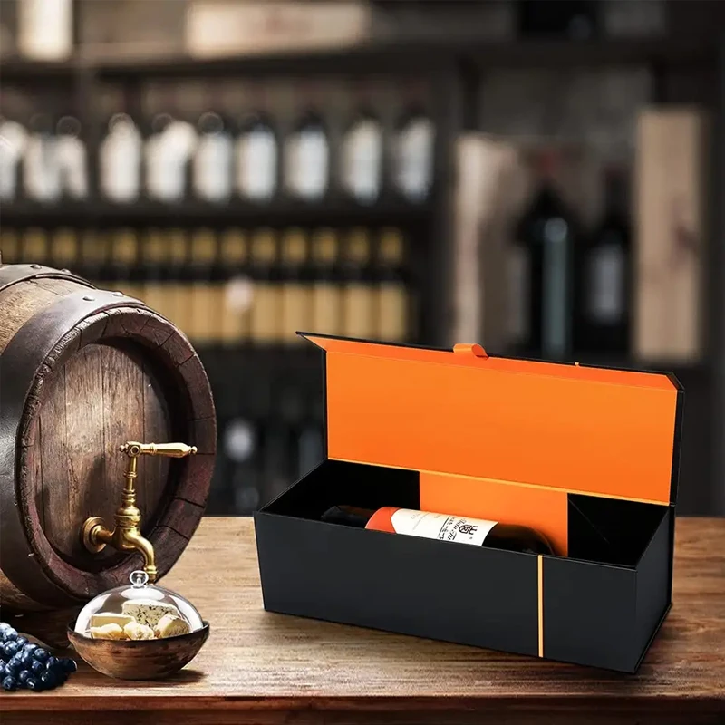 Custom logo black luxury red wine magnetic paper folding box foldable packing wine bottle packaging gift wine box