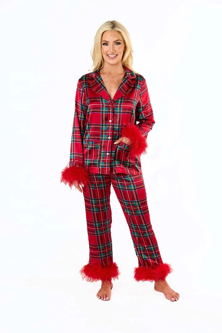 Customization Girls New Long Sleeve Christmas Pajamas Button Sleepwear Pjs Set Two Piece Loungewear Feather Trim Women Pajamas