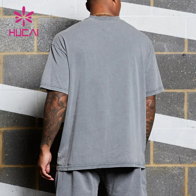 HUCAI Custom logo workout clothing sportswear heavyweight vintage cotton acid washed oversized running fitness gym shirts men