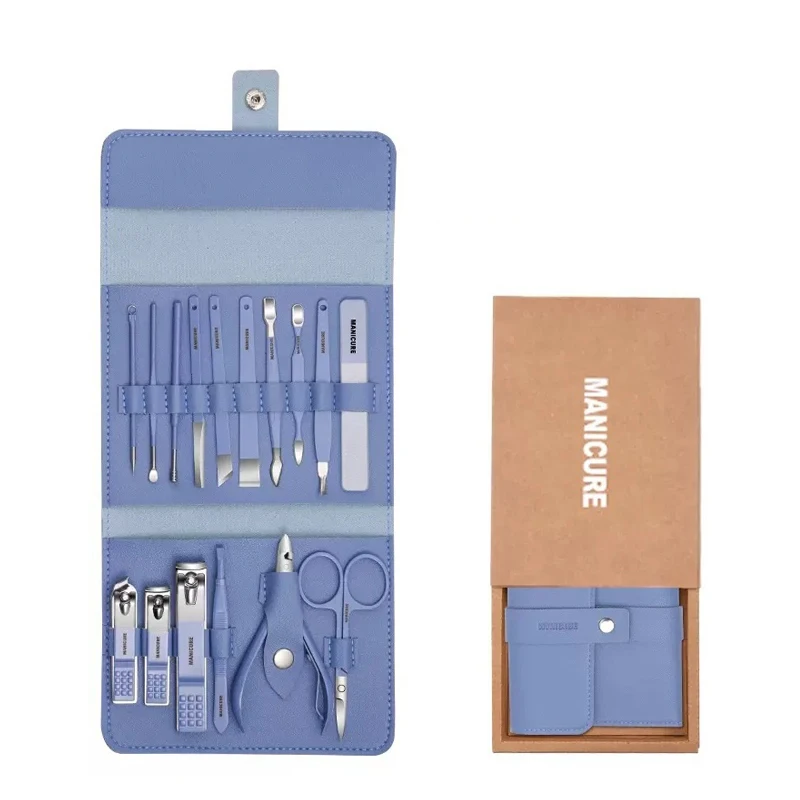 Nail Clippers Pedicure Cutters Kit Stainless Steel Fingernail Scissors Toe Nipper Pu Leather Gift Box 16 Piece Manicure Set