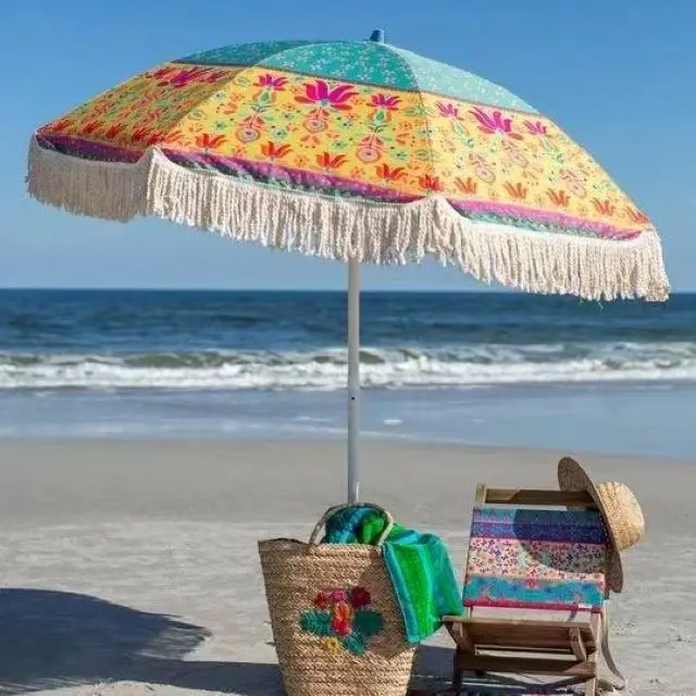 Wooden Pole Canvas Waterproof Patio Swimming Pool Sun Garden Beach Outdoor Parasols Umbrella With Tassels