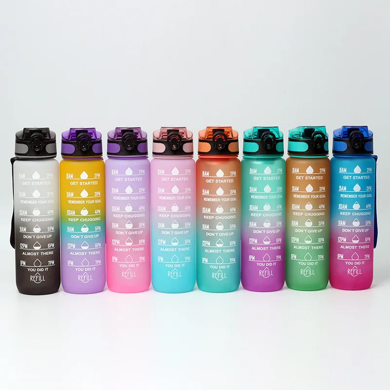 Plastic 32oz Sport Gym Motivational Bpa Free Drink Water Bottle With Time Marker Straw Strainer Flip Top Cover