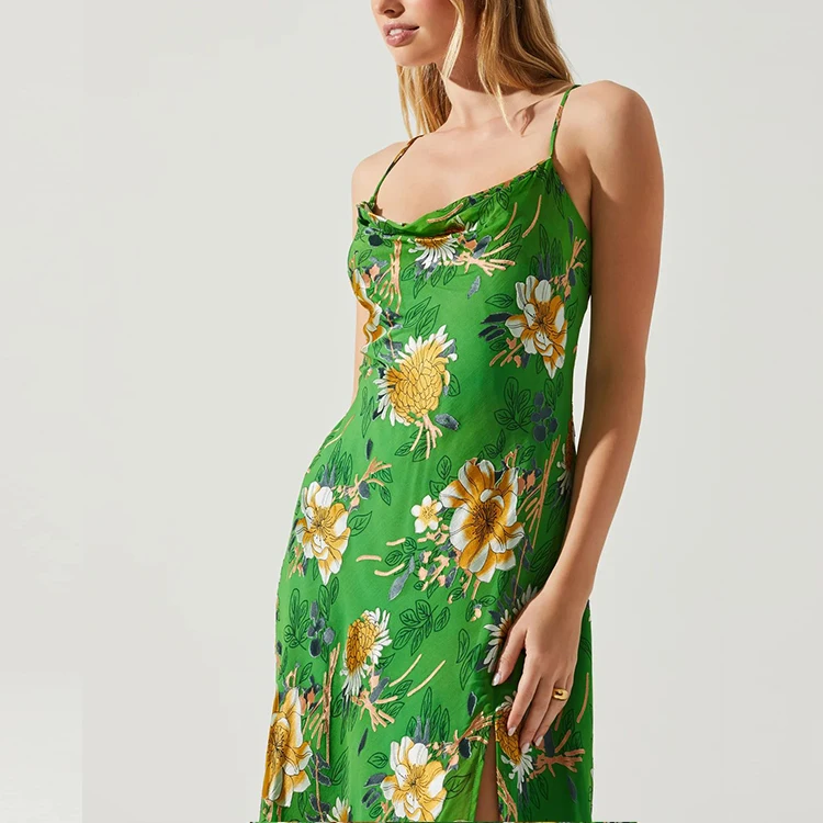 Wholesale Clothing 2023 Women Summer Flower Dresses Satin Short Sleeve V-Neck Floral Long Party Dress with Pockets