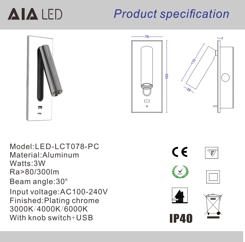Recessed mounted  hotel villa home 3W led foldable USB headboard reading wall lamp bedroom accordion bed wall light for bedside