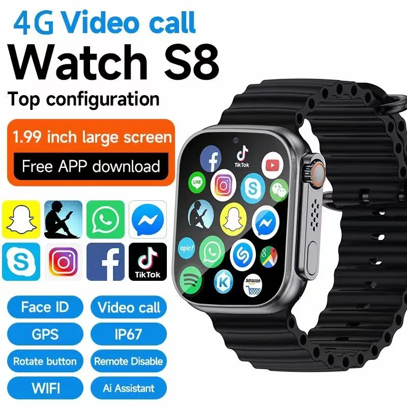 2023 New S8 Ultra 4G Smart Watch for Men Women Video Call Wifi Free APP Download GPS S8 Ultra Smart Watch with Sim Card Watch S8