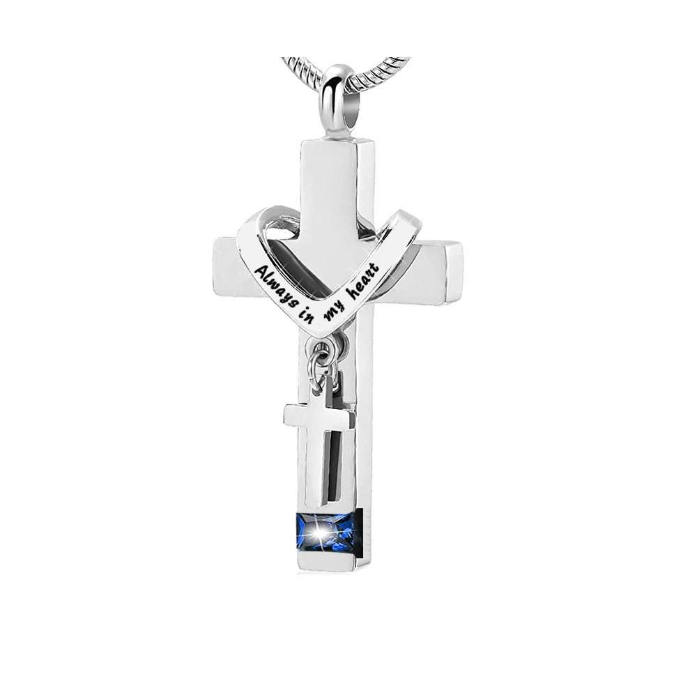 Cross With Birthstone Urn Necklaces for Ashes Stainless Steel Memorial Cremation Pendant Jewelry Keepsake for Human or Pet Gift