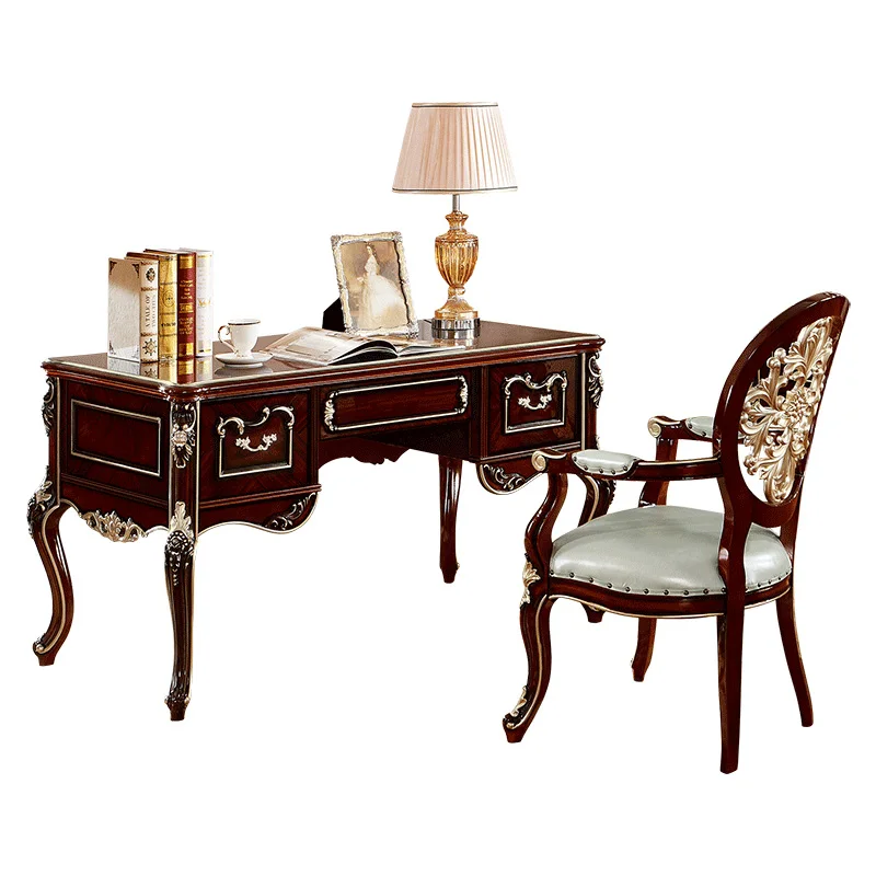 European solid wood computer desk and chair combination large family office desk study French American luxury villa table