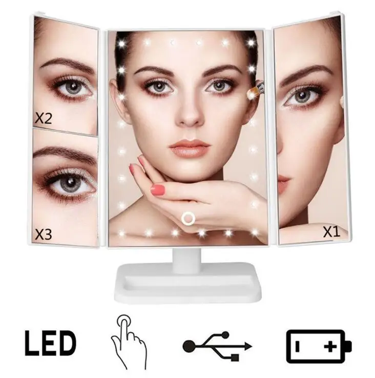
LED Desk Mirror Foldable with 22 LED Light Touch Screen 1X/2X/3X Magnifying 3 Folding Vanity Compact Mirror 