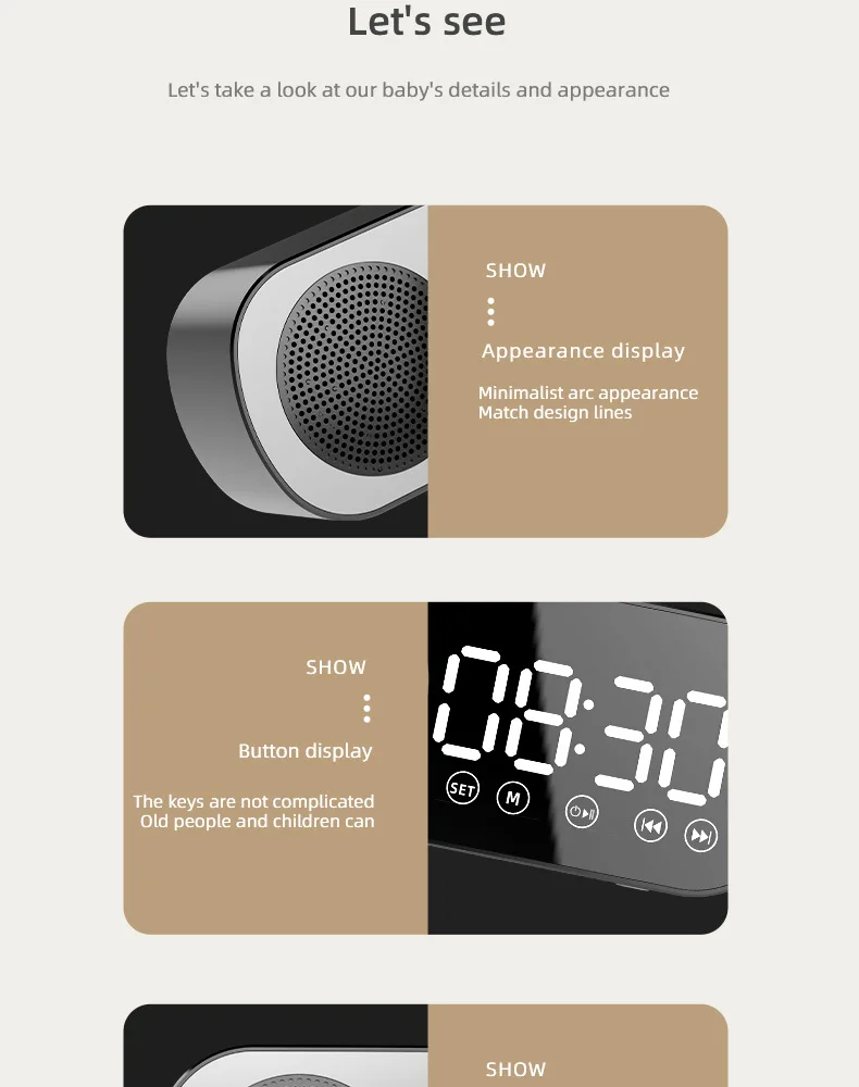 2022 New Product Alarm Clock With Mirror Digital Clock USB Charging Mini Portable Bluetooth Speaker