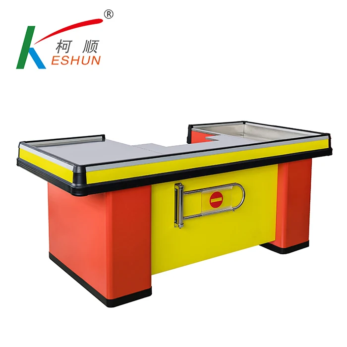 Retail shop metal cashier desk convenience store checkout counter with display rack