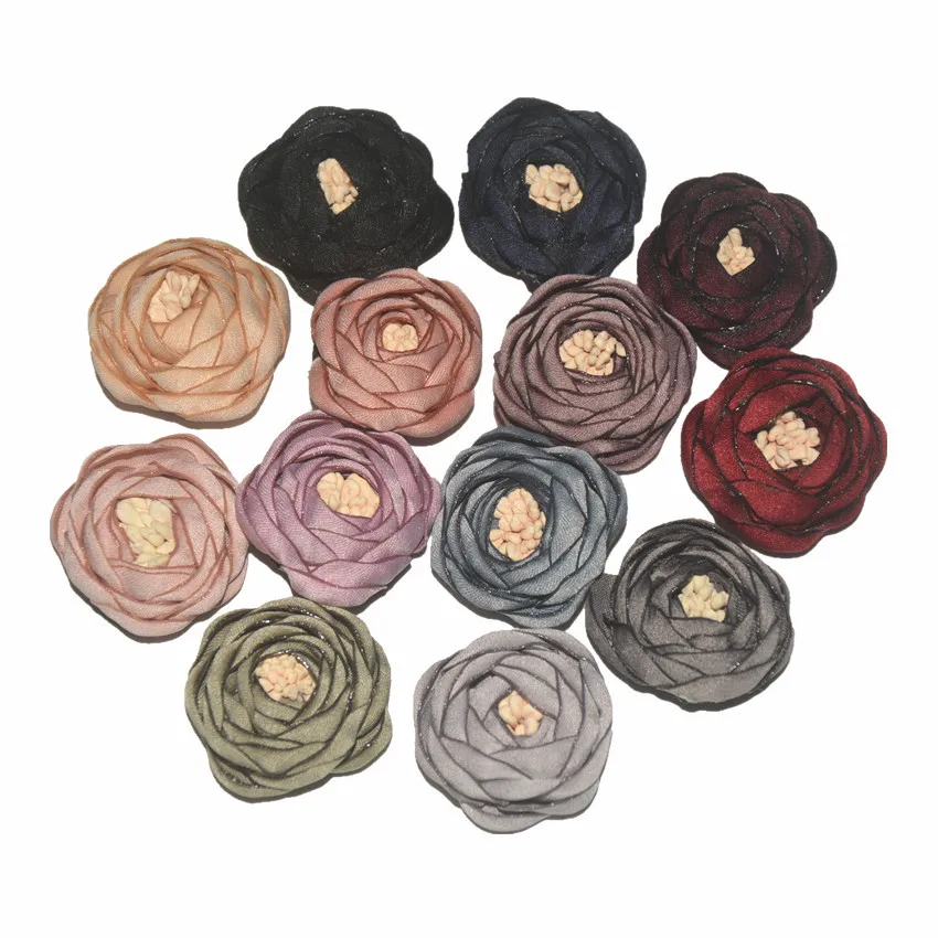 3CM Small Vintage Color Burned Satin Flower with Stamen Hair Accessories Hairpin headwear for Girl and Women