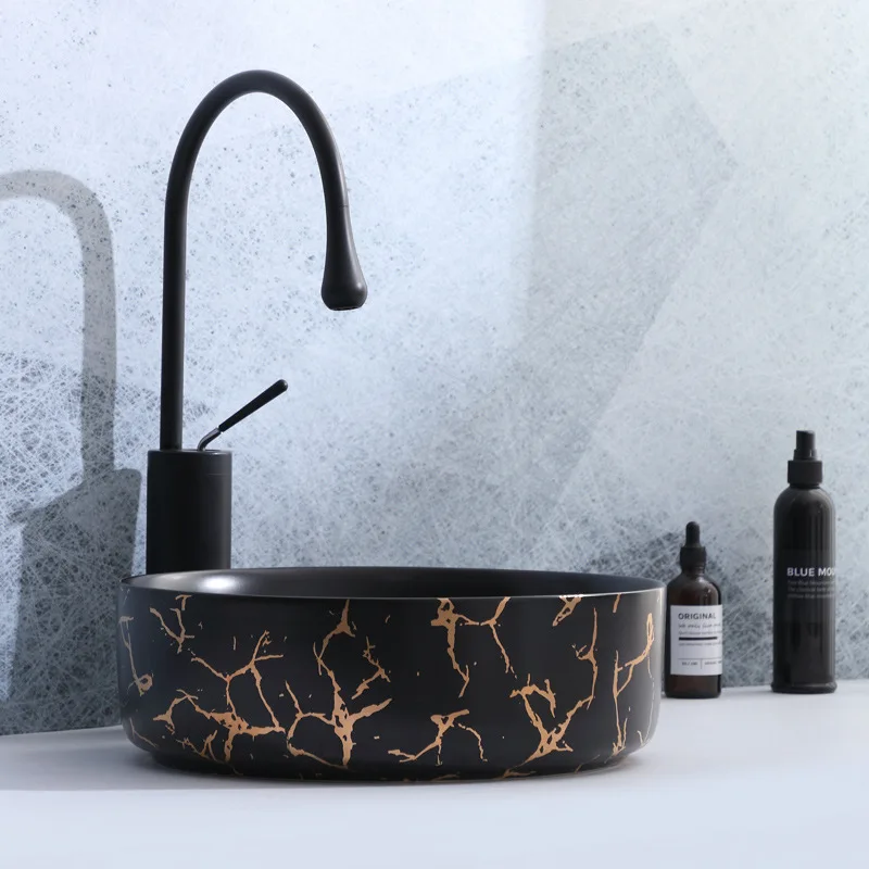 Hot sale marble pattern countertop sink ceramic art hand wash basin countertop matte black bathroom sinks