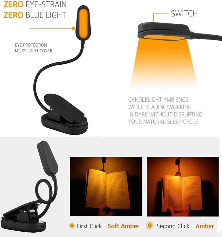 
Book Light Blue Light Blocking Amber Clip-On Reading Light 1600K Warm LEDs for Reading in Bed Rechargeable 1200mAh Battery 