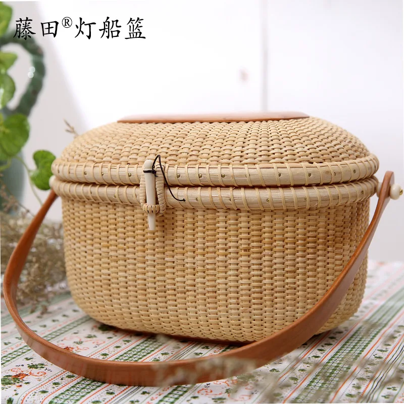 Camping Picnic Basket with Double Lids Storage Vine Basket Bamboo Rattan Weaving Storage Basket