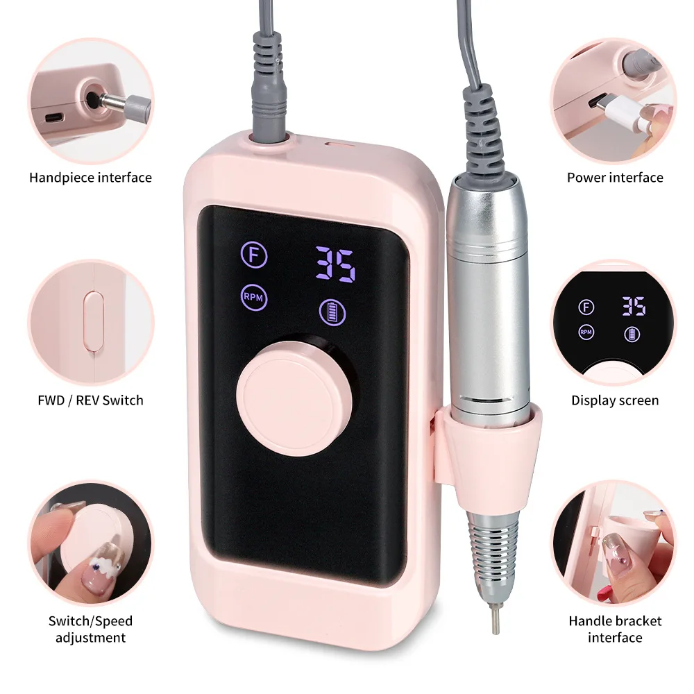 Portable 35000RPM Electric Nail Drill Machine Rechargeable for Manicure Acrylic Nails Removal Polishing Nail Art Salon Tools
