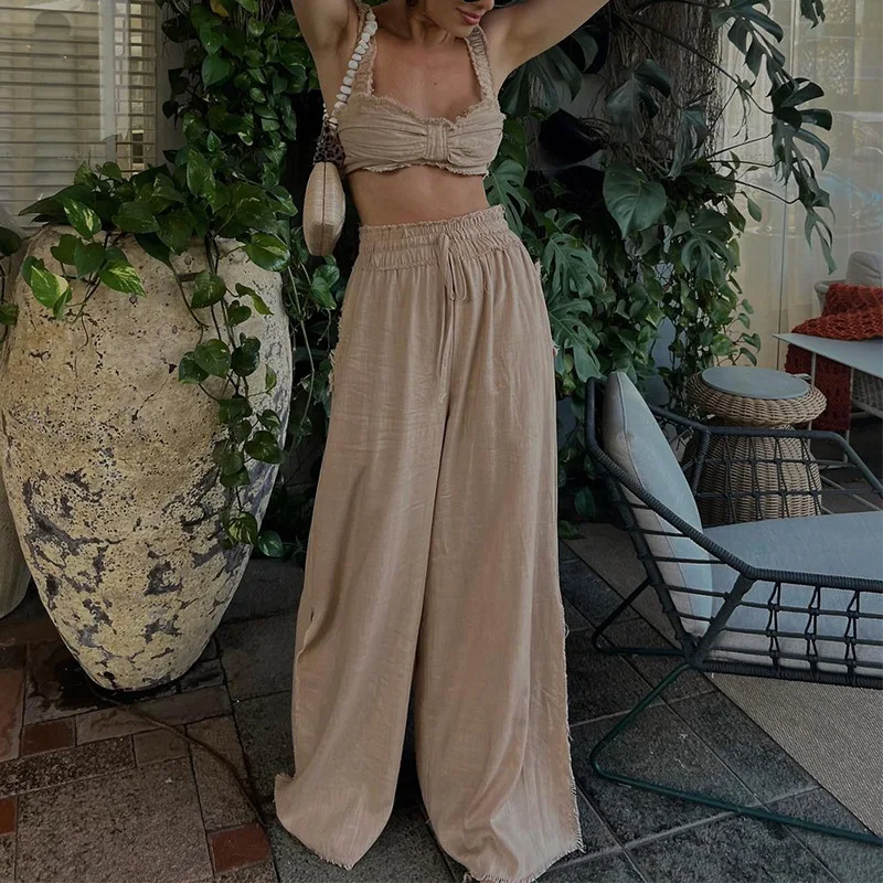 Оптовая продажа, комплект из 2 предметов, свободный женский топ и брюки, летние брюки из хлопка и льна, одежда из двух предметов