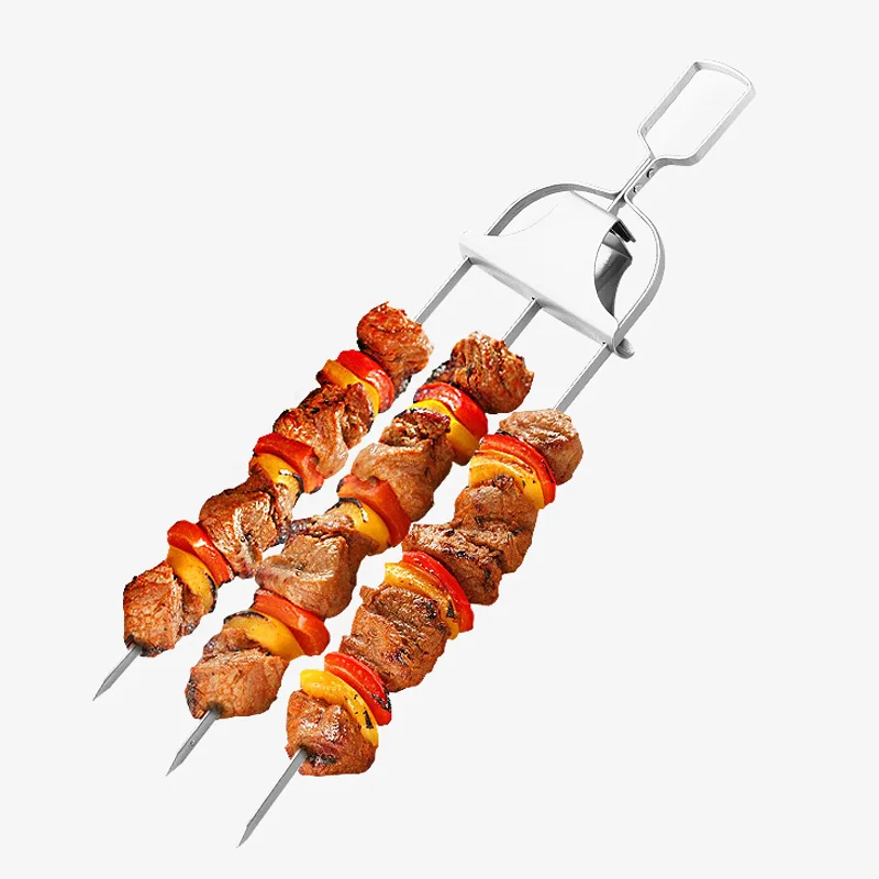 Reversible Stainless Steel Skwers Grilling Fork with Push Bar Slider Flat BBQ Sticks Reusable Tools for Meat BBQ Cooking