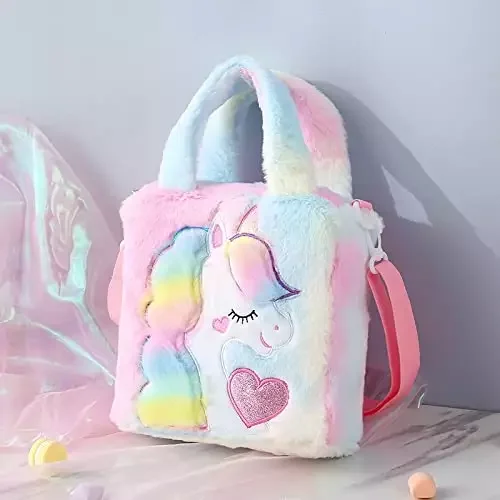 Girls Unicorn Bag Tote Shoulder Bag,colorful Animal Totes Children Plush Waist Purse Fashion Kids Cartoon Handbags Sling Fur
